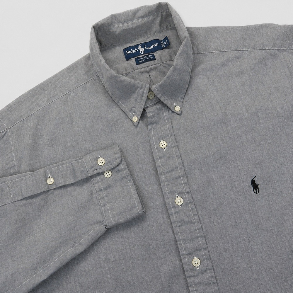 Ralph Lauren Yarmouth Mens Dress Shirt 17 34/35 Gray Herringbone Cotton Pony
